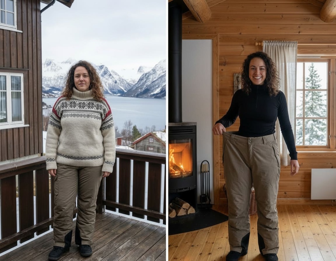 Före och efter: kvinna i vinterstuga