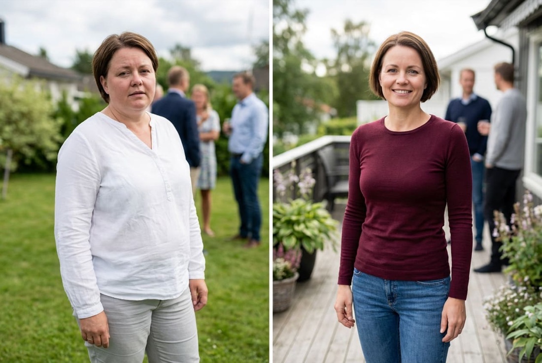 Före och efter: kvinna på trädgårdsfest