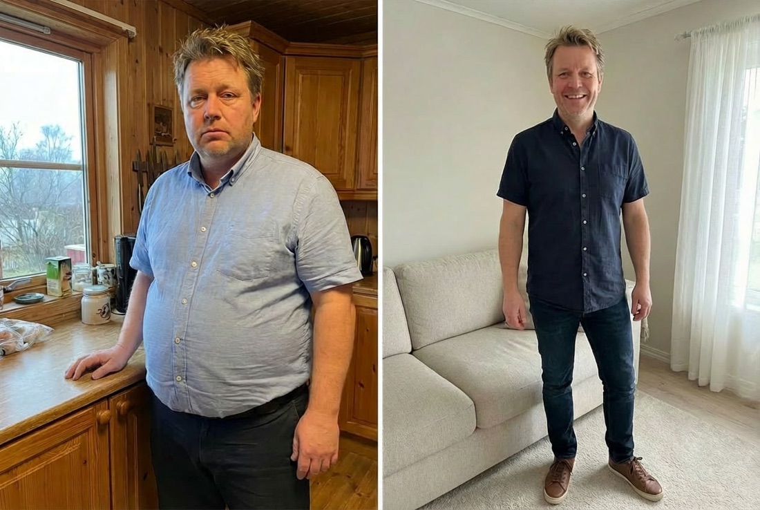 Före och efter: man i kök och vardagsrum