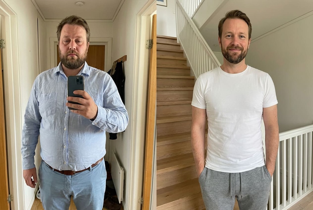 Före och efter: man fotograferad i hallen och i trappan