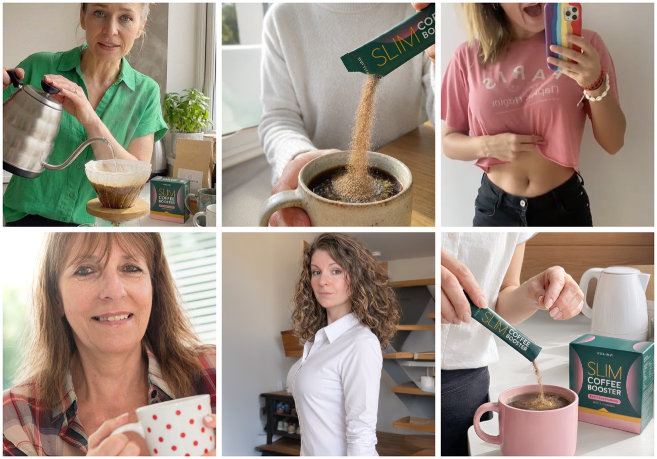 Collage av användare som rör ut Slim Coffee Booster i sitt morgonkaffe hemma