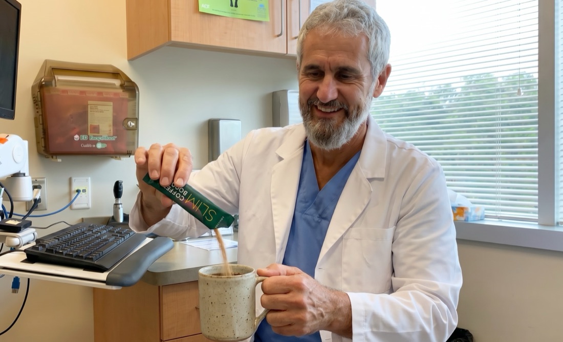 Läkare i rock som rör ut en påse Slim Coffee Booster i sitt kaffe på mottagningen