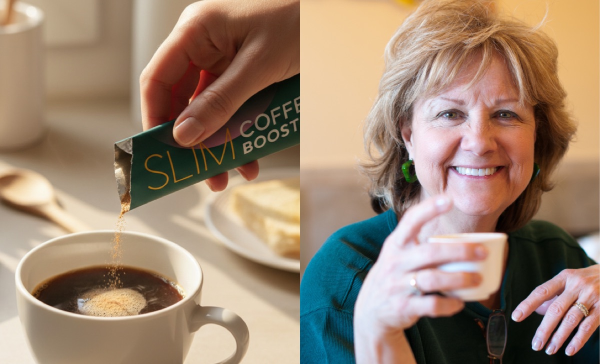 En portionspåse Wellaray Slim Coffee Booster hälls i en kopp svart kaffe, bredvid en kvinna som njuter av sitt morgonkaffe