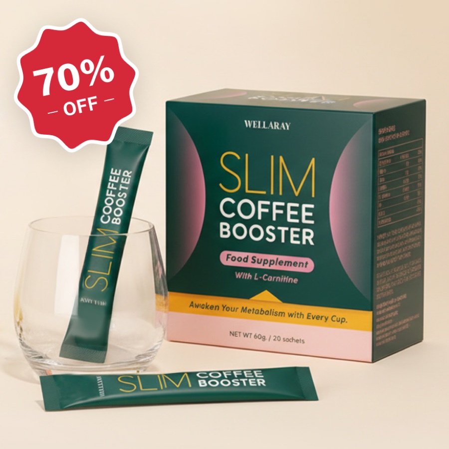 Wellaray Slim Coffee Booster-ask med 20 portionspåsar och en påse bredvid ett glas