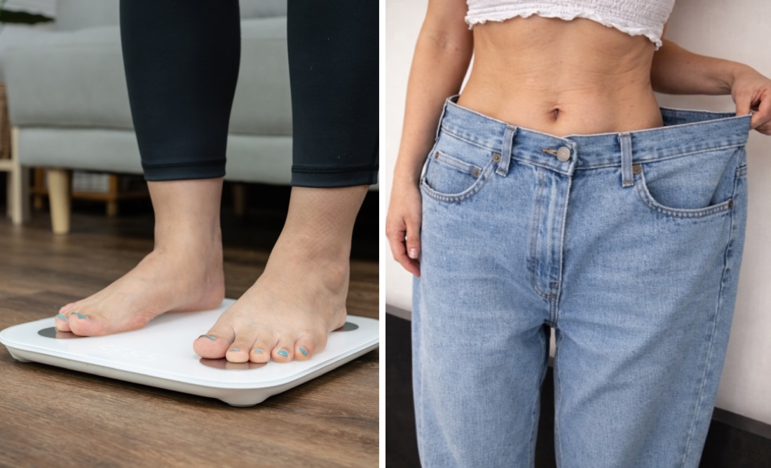 Kvinna som väger sig hemma, och ett par jeans som nu är för stora