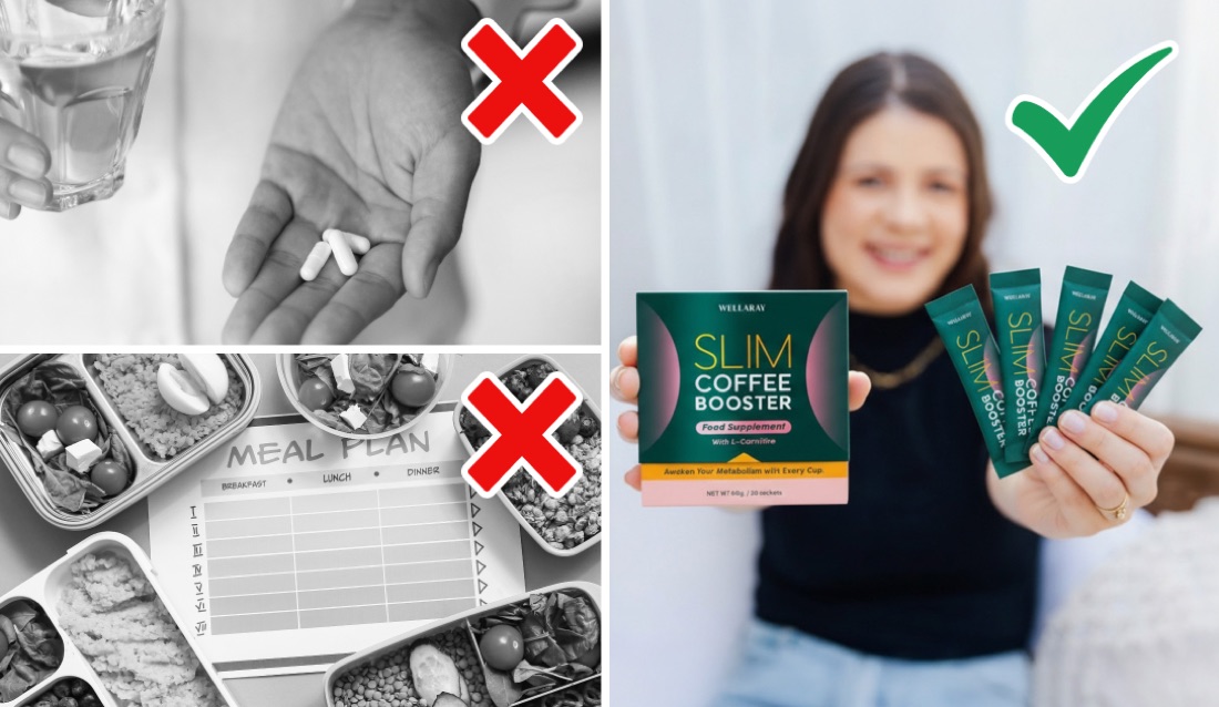 Jämförelse: piller och en strikt matsedel överstrukna med rött kryss, mot en kvinna som håller Wellaray Slim Coffee Booster med en grön bock
